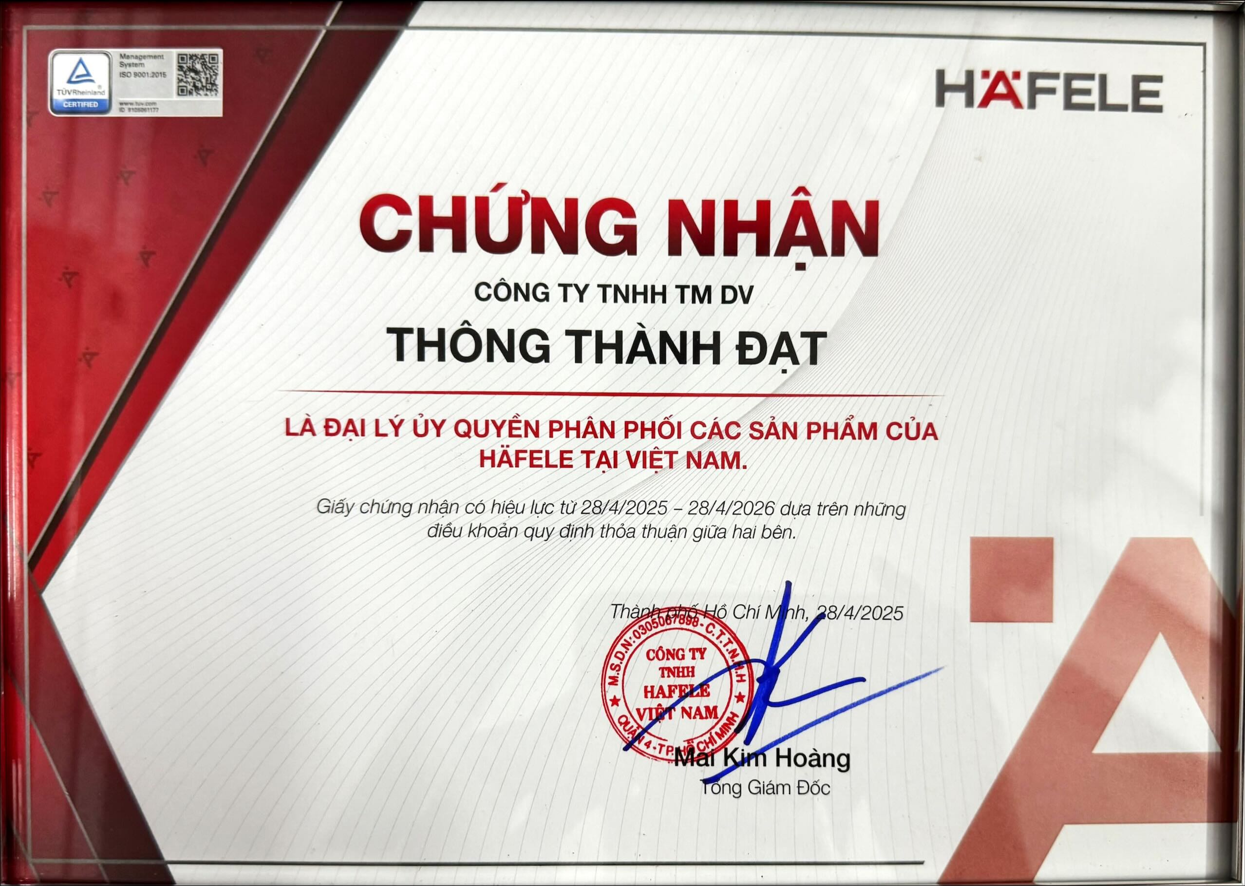 Chứng nhận đại lý Hafele 2025