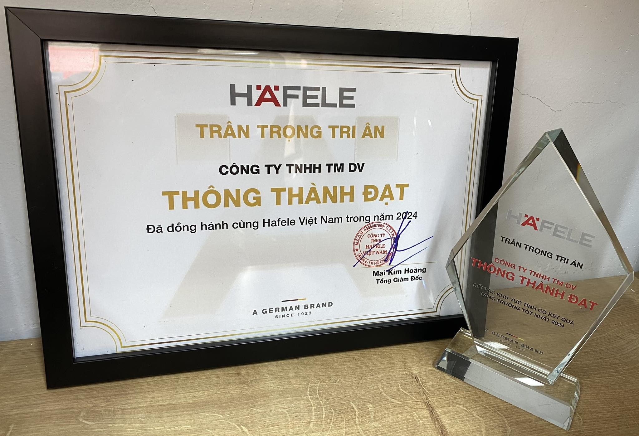 CÔNG TY TNHH TM DV THÔNG THÀNH ĐẠT VINH DỰ ĐÓN NHẬN GIẢI THƯỞNG “ĐỐI TÁC KHU VỰC TỈNH CÓ KẾT QUẢ TĂNG TRƯỞNG TỐT NHẤT NĂM 2024” TỪ HÄFELE VIỆT NAM